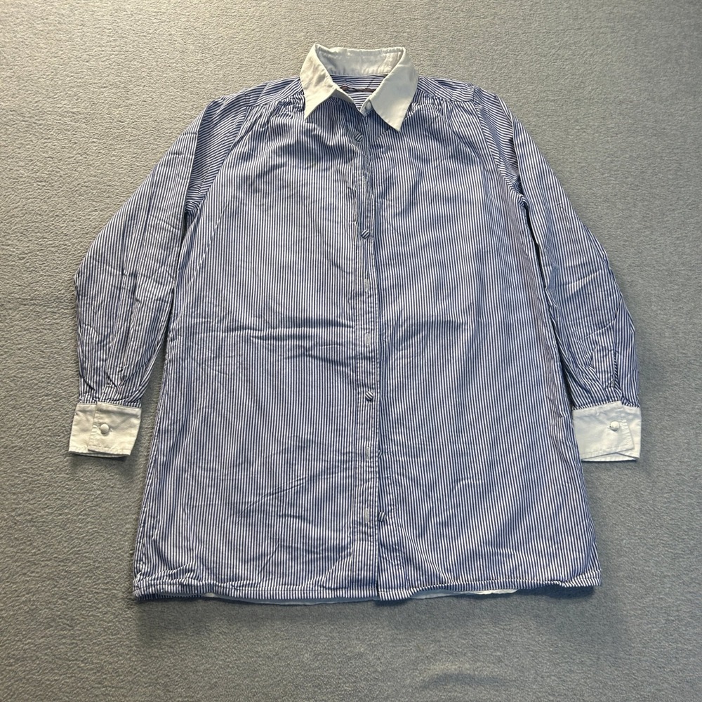 Harvey Faircloth Tunic Button Up Shirt Womens 4 Blue White Stripe Contrast Trim